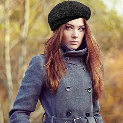 SATINIOR 2 Pcs Women Crochet Beret Solid Color Knit Beanie Hats Lightweight Ladies Slouchy French Beret Hats (Black, Beige)