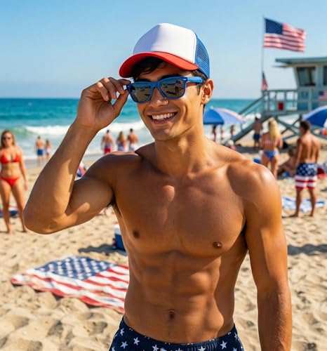 Funky Junque Blank Mesh Foam Lightweight Snapback Trucker Hat - color: Hat (Red/White/Blue) & Sunglasses (Royal Blue)