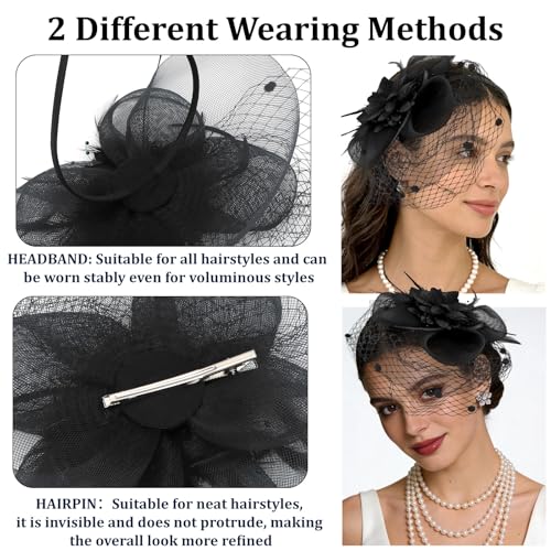 Semato Fascinators Hats for Women Mesh Feathers Elegant Black Tea Party Kentucky Hat Derby Headband with Hair Clip - color: Black