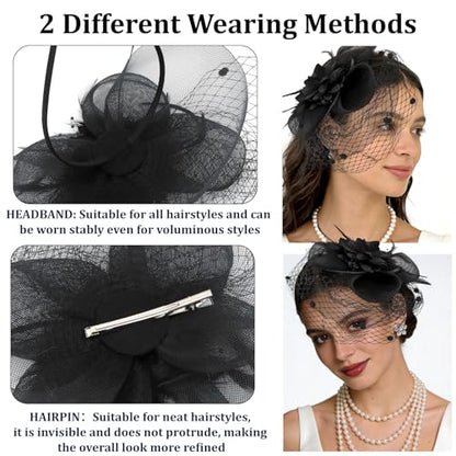 Semato Fascinators Hats for Women Mesh Feathers Elegant Black Tea Party Kentucky Hat Derby Headband with Hair Clip - color: Black