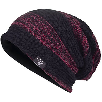 VECRY Mens Slouchy Beanie Knit Skull Cap Long Baggy Hip-hop Winter Summer Hat B305 - color: Retro-black&claret, size: Large