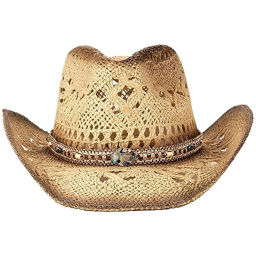 Foeran Men's Women's Straw Cowboy Hat Cowgirl Woven Sun Hat Western Cowboy Hat Two Decorative Bands - color: Beige-d
