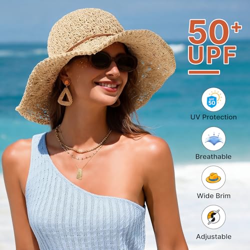 Beach Sun Hats for Women, Wide Brim Straw Hat, UPF 50+ UV Protection - color: Beige -String