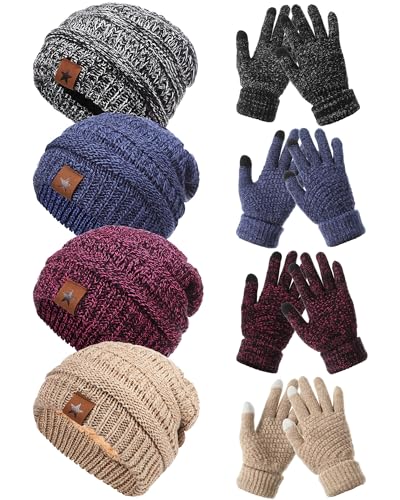 JaGely 8 Pieces Women Winter Hats and Gloves Set Women Warm Touchscreen Knitted Lined Gloves Winter Beanies - color: Navy Blue, Wine Red, Mixed Black White,mixed Khaki