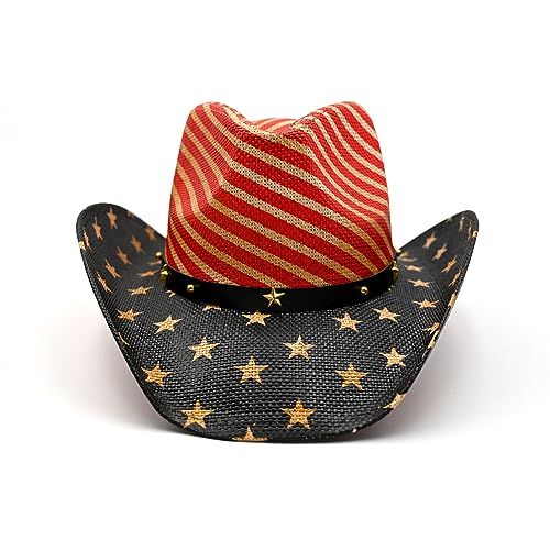 Foeran Men's Women's Straw Cowboy Hat Cowgirl Woven Sun Hat Western Cowboy Hat Two Decorative Bands - color: Red-american Flag