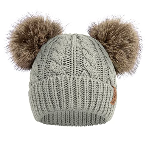 Arctic Paw Pom Pom Beanie Cable Knit Fleece Lined Winter Beanie Women Hat - color: Light Grey