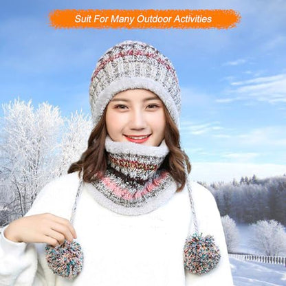 HUAMULAN Women Winter Knit Beanie Hat Circle Scarf Set Pompoms Ear Flaps - color: Gray