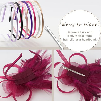 DRESHOW Fascinators Hats for Women Tulle Feather Tea Party Fascinator Wine