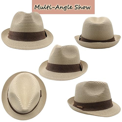 Straw Fedora Hat for Women Men Short Brim Panama Hats Derby Trilby Hats Breathable Packable Summer Beach Sun Hat - color: Beige Brown