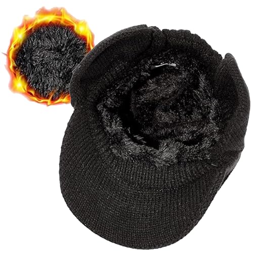 Men Warm Baseball Beanie Hat with Earflap Winter Visor Brim Knitted Caps Thicken Plush Lined Skull Ski Hat