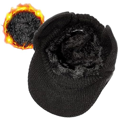 Men Warm Baseball Beanie Hat with Earflap Winter Visor Brim Knitted Caps Thicken Plush Lined Skull Ski Hat