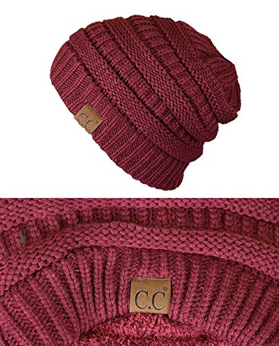 C.C Unisex Chunky Soft Stretch Cable Knit Warm Fuzzy Lined Skully Beanie - color: Maroon