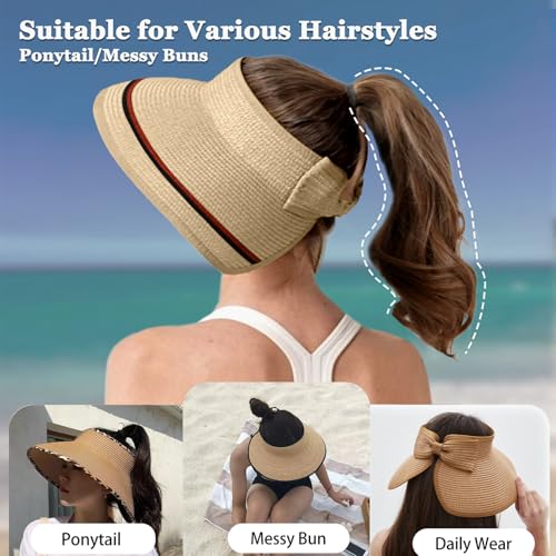 Women's Sun Visor Hats Wide Brim Straw Beach Hat Ponytail Hats for Women Foldable Floppy - color: 1pack-beige/Redstripe