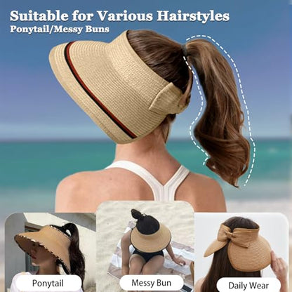 Women's Sun Visor Hats Wide Brim Straw Beach Hat Ponytail Hats for Women Foldable Floppy - color: 1pack-beige/Redstripe