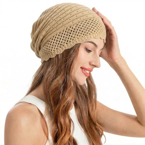 ZLYC Crochet Slouchy Beanie for Women Soft Lightweight Skull Cap - color: Plain Macadamia Beige