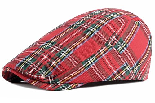 DIYDECAL Plaid Newsboy Hats Retro Flat Cap Gatsby Cabbie Driving Hat for Mens Womens - color: Red