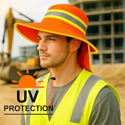 Men High Visibility Reflective Work Safety Sun Hat with Neck Flap Wide Brim Boonie UV Protection - color: 1pc Neon Orange