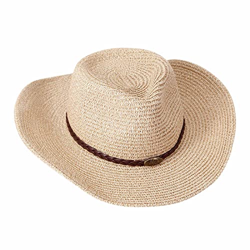 Straw Cowgirl Hat for Women Cowboy Hats for Men Wide Brim Sun Hat Shapeable Western Hat Beach Hat - color: Beige