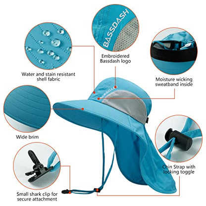 BASSDASH UPF 50+ Unisex Water Resistant Wide Brim Sun Hat with Large Neck Flap Ponytail Fishing Hat for Men Women - color: Light Blue