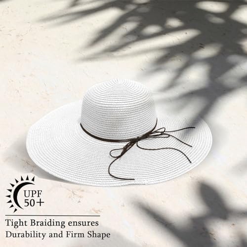 Beach Hats for Women, Straw Sun Hat Floppy Wide Brim, Foldable UPF 50+ UV Protection Summer Hat - color: White