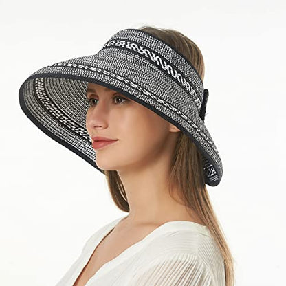Women Sun Visors Foldable Straw Hats Summer Beach Packable Hat Floppy Wide Brim Cap Deep Style, Adjustable Size - color: Black Mix