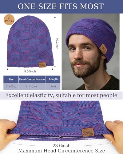 Senker Fashion 2 Pcs Winter Slouchy Beanie Hats for Men, Warm Mens Beanies - color: Blue Purple