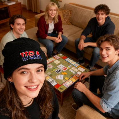 American Flag Beanie, USA Embroidered Winter Hat for Women Men - color: Usa-black
