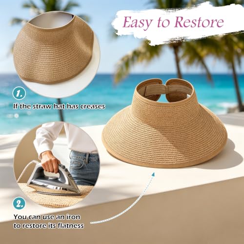 3 Pack Women's Straw Sun Visor Hat,Outdoor Wide Brim UV Protection Foldable,Adjustable Packable Ponytail Summer Sun Hat - color: 3 Pack Khaki