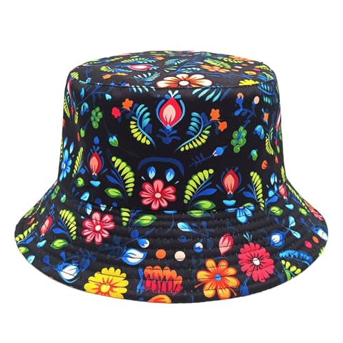 Printed Bucket Hat - Reversible Packable Summer Travel Beach Sun Cap for Men Women Teens - color: Boho Folk Floral