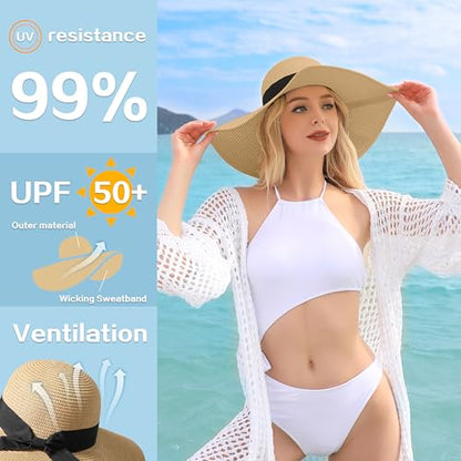 Tavaleu Beach Hat Foldable Wide Brim UV Protection for Women Summer Sun Hat - color: Khaki-4