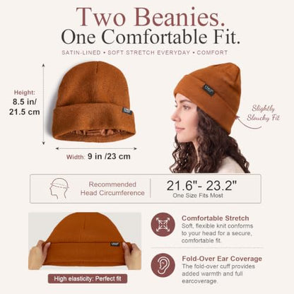 2 Pack Satin Lined Beanies for Men and Women Warm Cuffed Winter Hats - color: Black+brown
