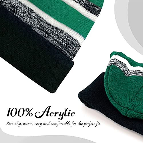 Winter Knit Beanie Hat with Pom Pom – Warm Cuffed Slouch Ski Cap for Men & Women - color: 2.black and D.green