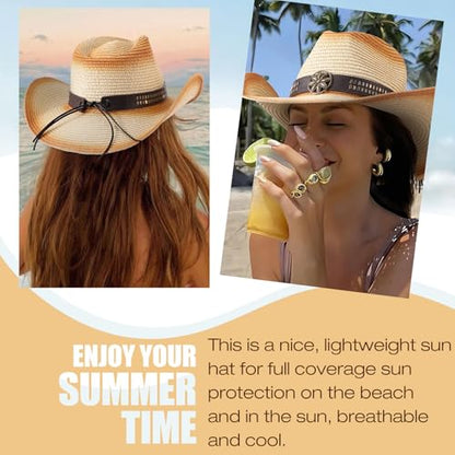 AQOKKA Straw Cowboy Hats for Women Men Western Cowgirl Hats with Shapeable Brim Woven Hollow Out Unisex Beach Roll Up Caps - color: Spray-painted Cowboy Hats : Beige+khaki