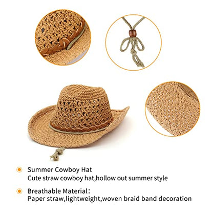 GEMVIE Baby Toddler Kids Sun Straw Western Cowboy Hat Wide Brim with Chin Strap - color: Khaki