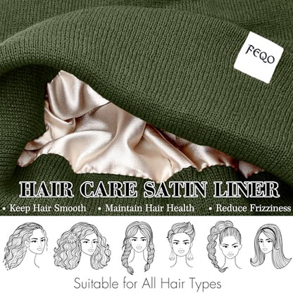 FEQO 4 Pack Satin Lined Winter Beanie Hats Soft Silk Lined Beanies - color: Black, Dark Grey, Pine Green, Beige