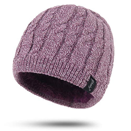 Winter Warm Beanie Hat for Women Men, Thick Cable Knit Cuffed Beanie - color: Purple