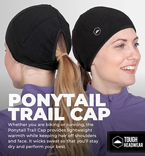 Tough Headwear Thermal Skull Cap - Moisture-Wicking Running Beanie - Wind-Blocking Cycling Cap - 4-Way Stretch Beanie for Men - color: Black (Ponytail)