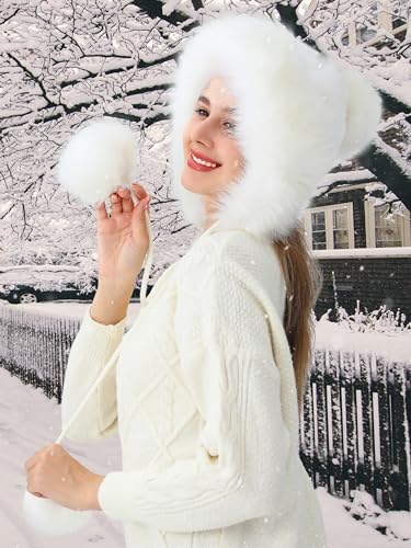 LA CARRIE Women's Faux Fur Hat with 3 Pom Pom for Cold Winter SKI Earflaps - color: White