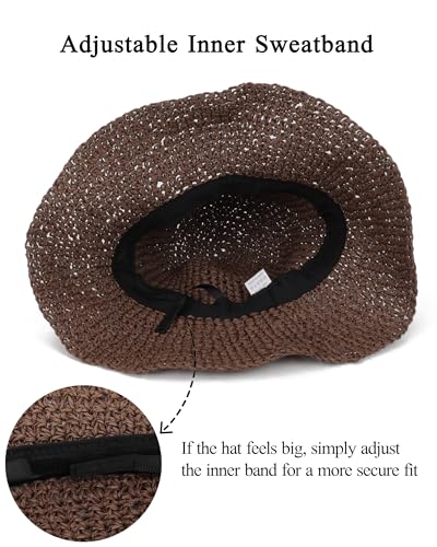 Womens Crochet Straw Sun Hat Foldable Floppy Wide Brim Beach Hat for Summer - color: Coffee
