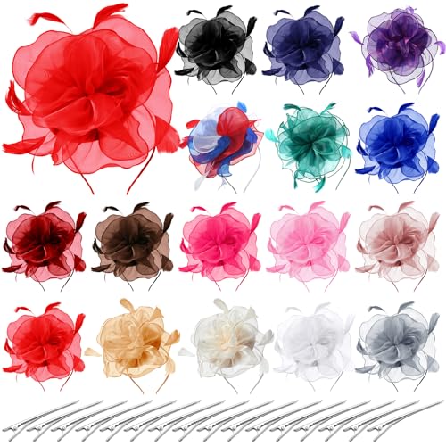 Tarpop 16 Pcs Fascinators Hat Tea Party for Women Flower Mesh Fascinators Hat Wedding Feather Headband Cocktail Hair Clip - color: Colorful, style: Stylish