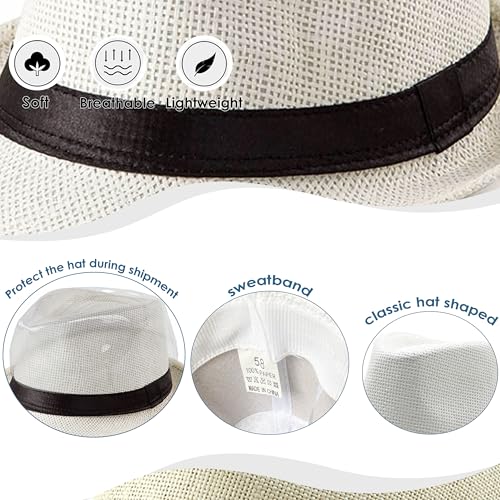 Straw Fedora Hat for Men Panama Hat Short Brim Summer Sun Hat - color: Black Belt-cream