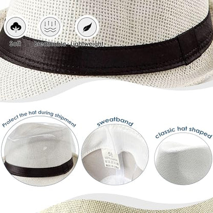 Straw Fedora Hat for Men Panama Hat Short Brim Summer Sun Hat - color: Black Belt-cream