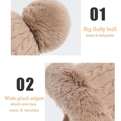 Womens Faux Fur Hat with Fluffy Pompom for Winter Fuzzy Knitted Beanies Skull Cap Warm Earflaps Cold Weather Cute Khaki