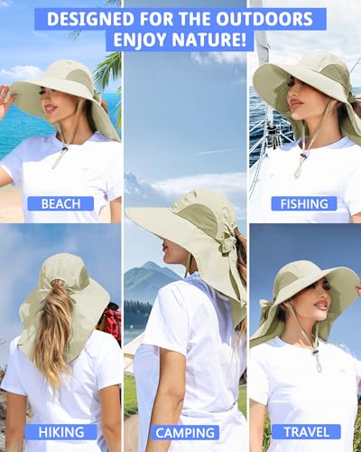 Womens Sun Hat Outdoor UV Protection Wide Brim Fishing Hat with Ponytail Hole Neck Flap for Beach Hiking Camping - color: Beige