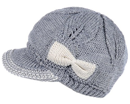 BYOS Womens Winter Chic Cable Warm Fleece Lined Crochet Knit Hat W/Visor Newsboy Cabbie Cap - color: Gray W/ Ivory Bow