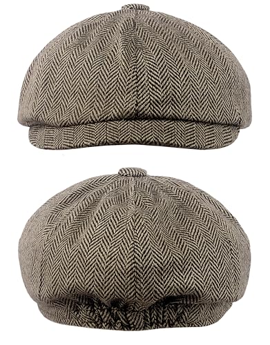 Adult 1920s Newsboy Cap for Men British Gangster Style Costume Baker Wool 8-piece Cap Halloween - color: Brown Herringbone, size: L (23.6")