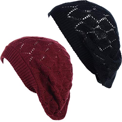 BYOS Chic Parisian Style Soft Lightweight Crochet Cutout Knit Beret Beanie Hat - color: 2-pack Leafy Red Wine & Black