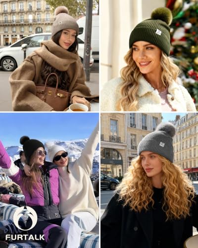 FURTALK Pom Pom Winter Hats for Women Fleece Lined Slouchy Warm Beanie Skull Cap - color: Light Khaki