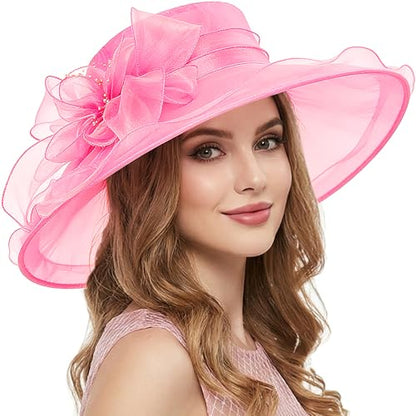 AQOKKA Women Organza Church Fascinators Kentucky Derby Hats for Women and Girls Wedding Flower Tea Party Hat with Wide Brim - color: Deep Pink