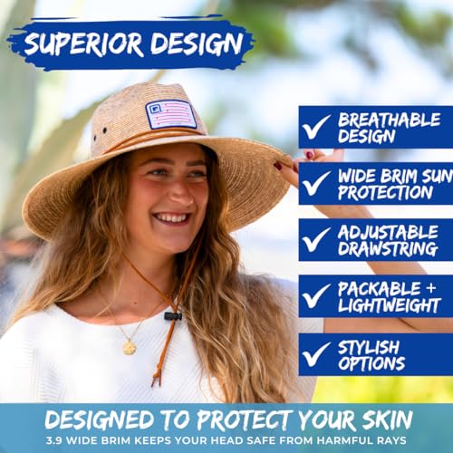 Qwave Packable Stone-Washed Straw Lifeguard Hat for Men and Women - Beach Straw Hat Protects from Summer Sun - color: Gnarly Navy